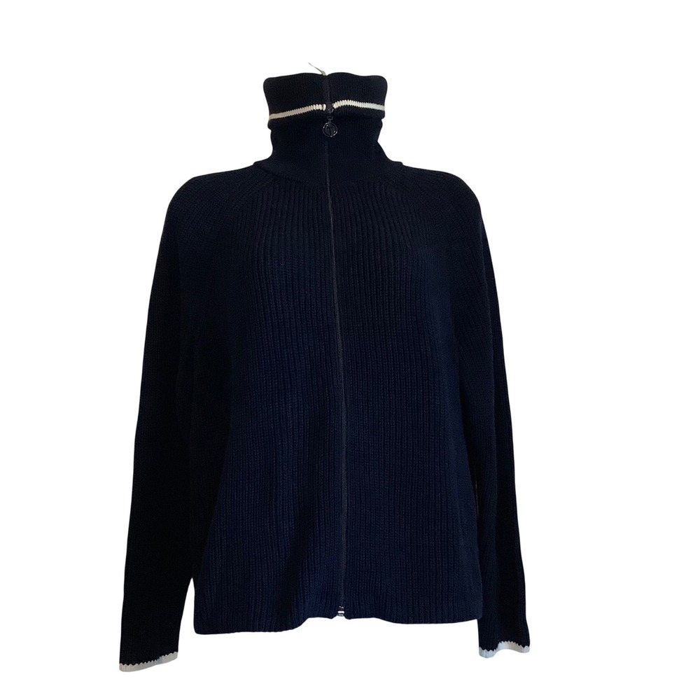 T by Talbots Navy Blue Ribbed Full Zip Cardigan Sweater Stripe Trim LP